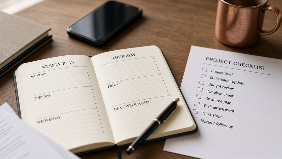 Weekly digest notes and laptop on a desk